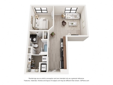 Floor plan for 1 bed, 1 bath, 656 sqft